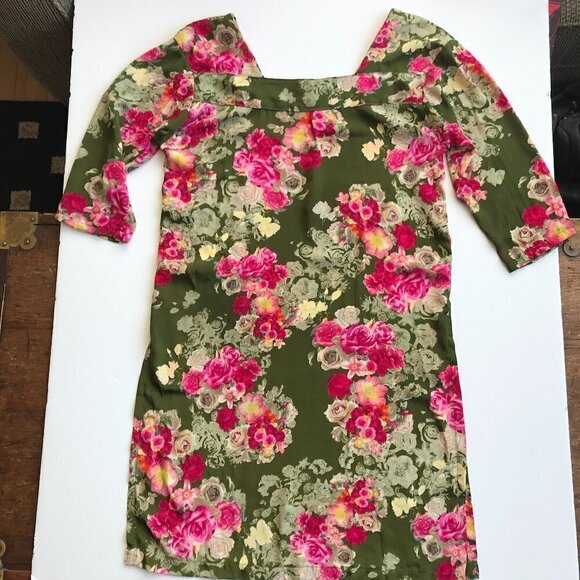 DKNY Long Colorful Tunic olive green/pink/yellow floral 3/4 sleeve square neck 6 - Picture 10 of 16